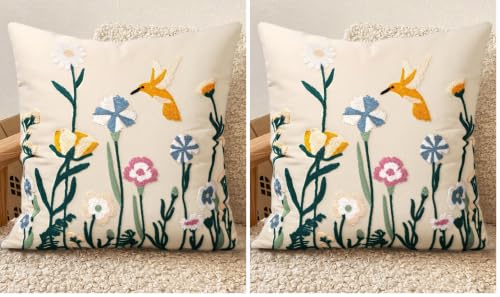 Embroidered Throw Pillow Cover 18x18 Inch, Flower Cluster