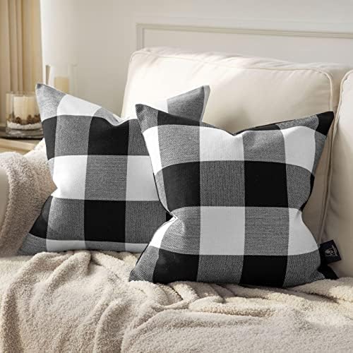 Phantoscope Pack of 2 Gingham Buffalo Check Plaid Throw Decorative Pillow Cover Outdoor Indoor Throw Pillows Farmhouse Square Pillow Cases for Home Decor Off White,18 x 18 Inches