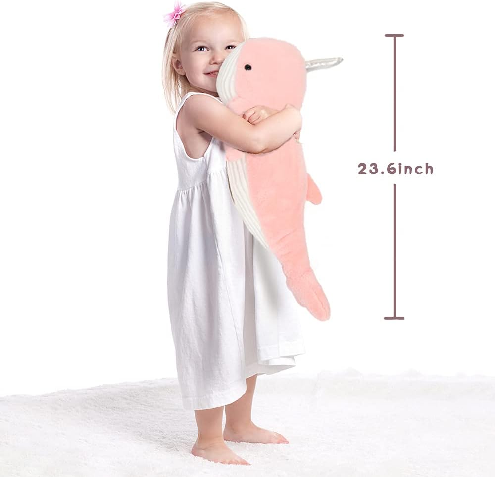 Tezituor 24 Inch Narwhal Stuffed Animal, Hugging Soft Ocean Narwhal Pillow Gift for Girls Kids, Cute Pink Large Stuffed Whale Plush Toy Christmas Deaor Gift