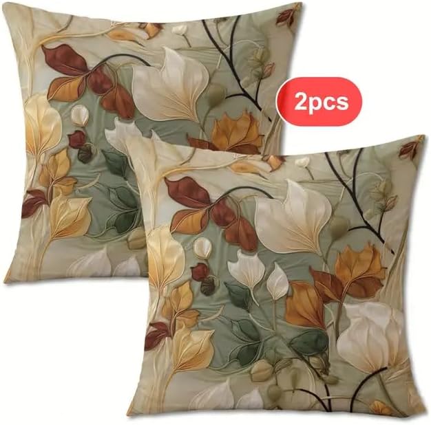Decorative Throw Pillow Covers, Vintage Floral Pattern in Sage Green and Brown, 2 Pack Square Cushion Cases with Autumn Leaves Design，18x18 Pillows Linen Pillowcase