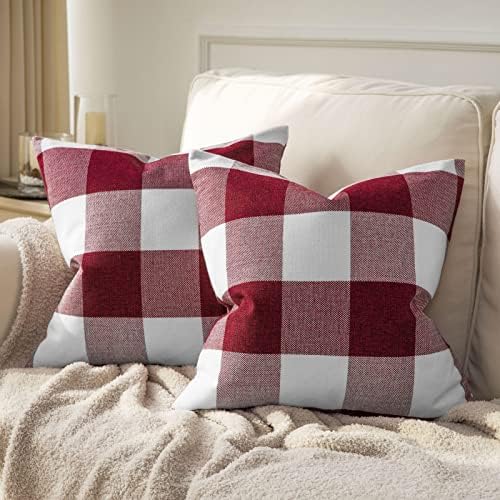 Phantoscope Pack of 2 Gingham Buffalo Check Plaid Throw Decorative Pillow Cover Outdoor Indoor Throw Pillows Farmhouse Square Pillow Cases for Home Decor Off White,18 x 18 Inches