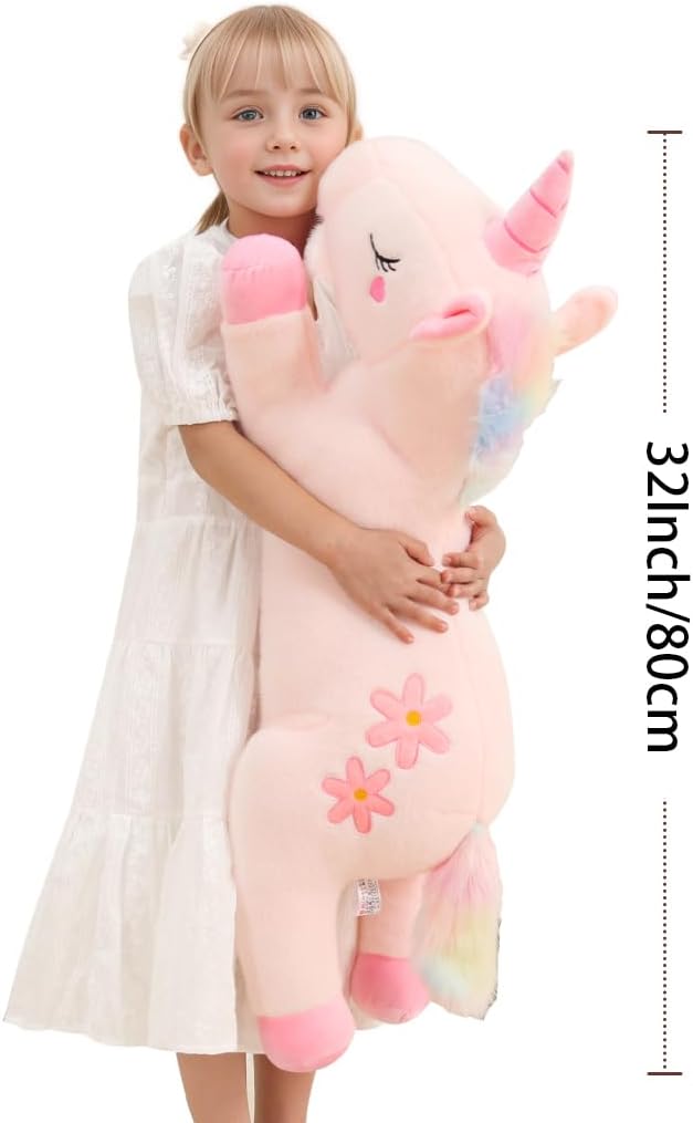 32inch Cute Giant Pink Unicorn Plush, Jumbo Soft Body Pillow Pet, Large Rainbow Unicorn Stuffed Animals Toy, Big Doll for Kids Girls and Boys, Birthday