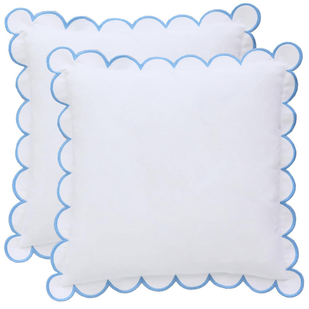 BEBE BASK Scalloped Pillow Cover Set of 2, 18x18, Cotton - Sky Blue/White