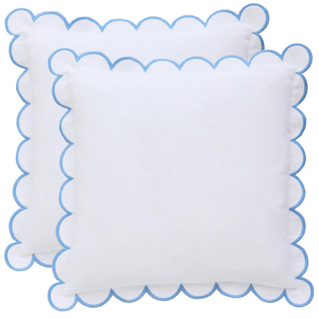 BEBE BASK Scalloped Pillow Cover Set of 2, 18x18, Cotton - Sky Blue/White