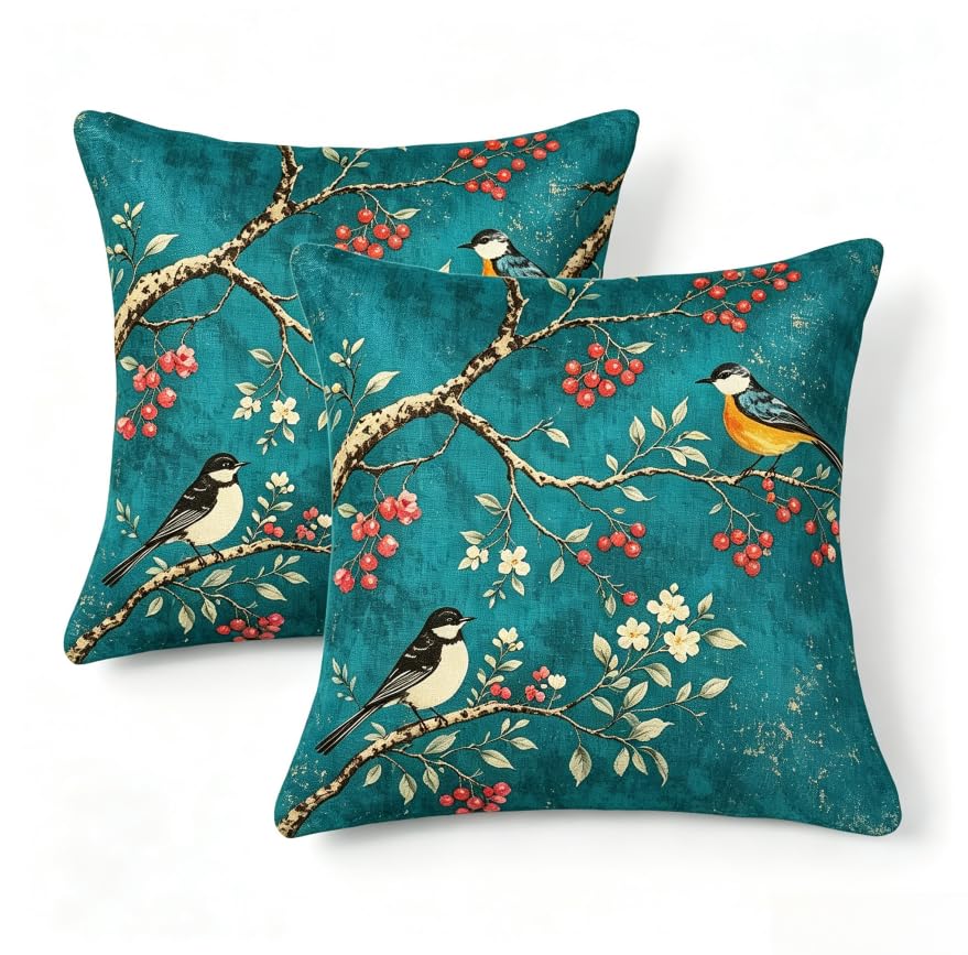 Decorative Throw Pillow Covers, Vintage Floral Pattern in Sage Green and Brown, 2 Pack Square Cushion Cases with Autumn Leaves Design，18x18 Pillows Linen Pillowcase