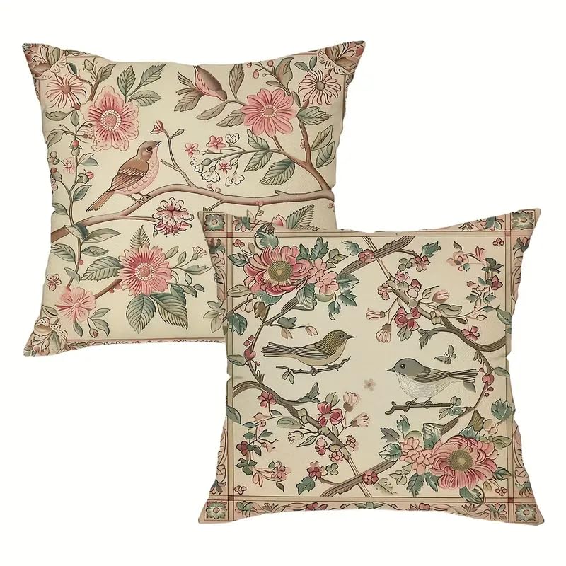 Decorative Throw Pillow Covers, Vintage Floral Pattern in Sage Green and Brown, 2 Pack Square Cushion Cases with Autumn Leaves Design，18x18 Pillows Linen Pillowcase
