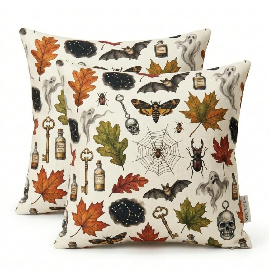 Decorative Throw Pillow Covers, Vintage Floral Pattern in Sage Green and Brown, 2 Pack Square Cushion Cases with Autumn Leaves Design，18x18 Pillows Linen Pillowcase