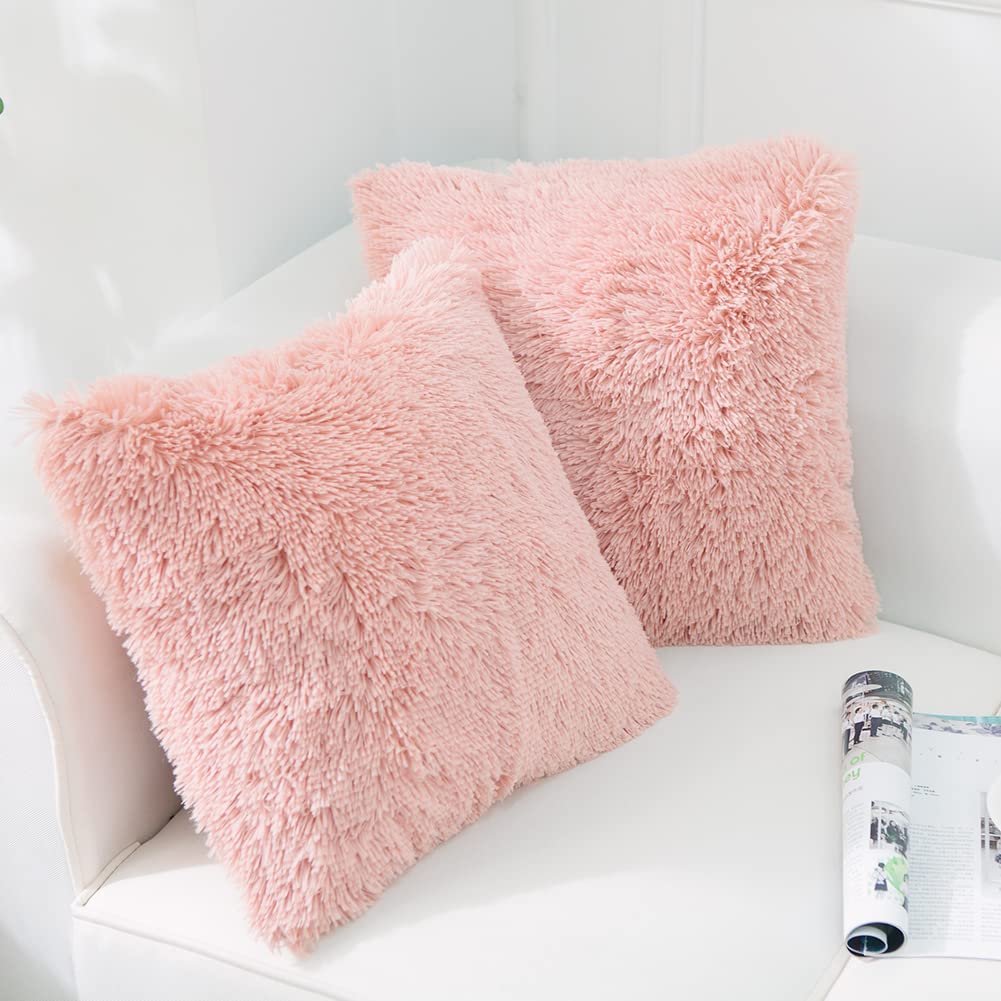NordECO HOME Luxury Soft Faux Fur Fleece Cushion Cover Pillowcase Spring Decorative Throw Pillows Covers, No Pillow Insert, 18" x 18" Inch, White, 2 Pack