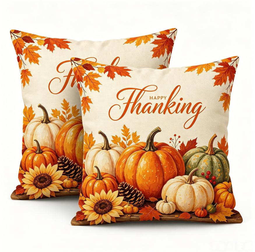 Decorative Throw Pillow Covers, Vintage Floral Pattern in Sage Green and Brown, 2 Pack Square Cushion Cases with Autumn Leaves Design，18x18 Pillows Linen Pillowcase