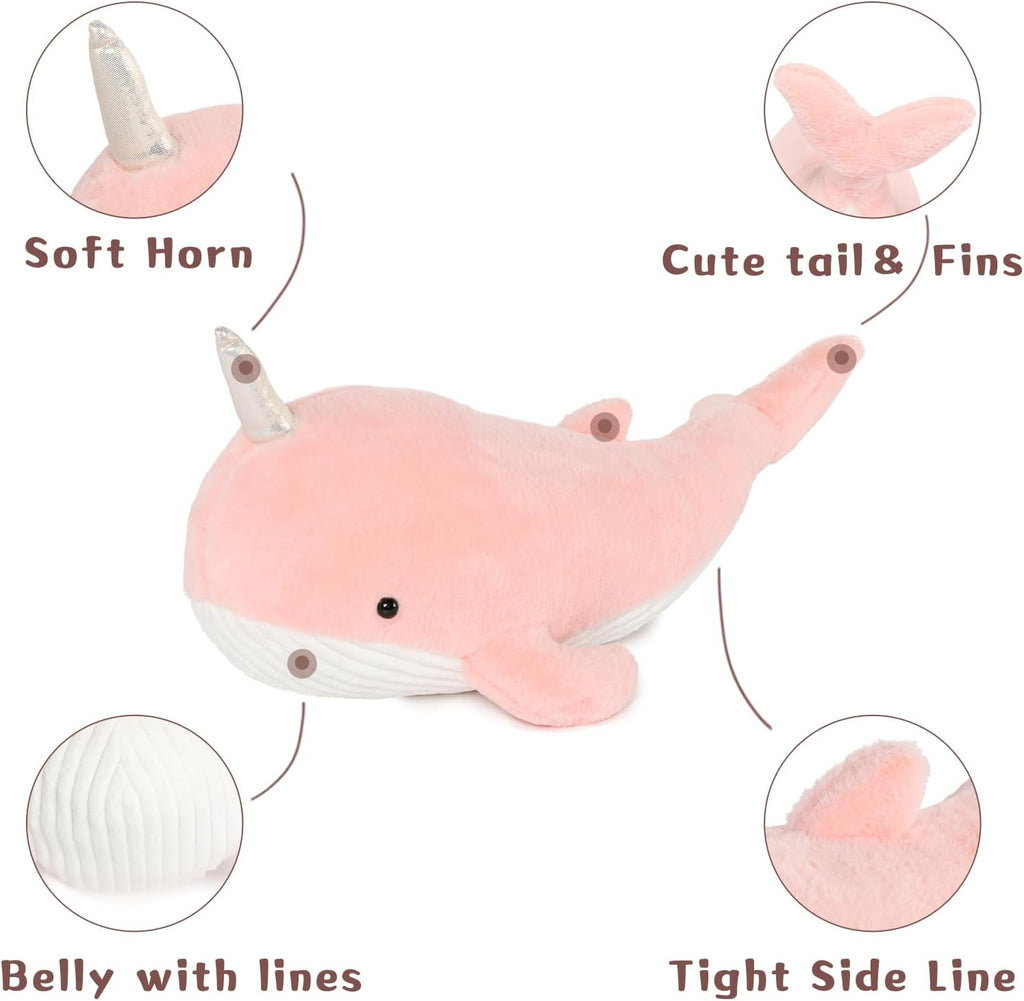 Tezituor 24 Inch Narwhal Stuffed Animal, Hugging Soft Ocean Narwhal Pillow Gift for Girls Kids, Cute Pink Large Stuffed Whale Plush Toy Christmas Deaor Gift