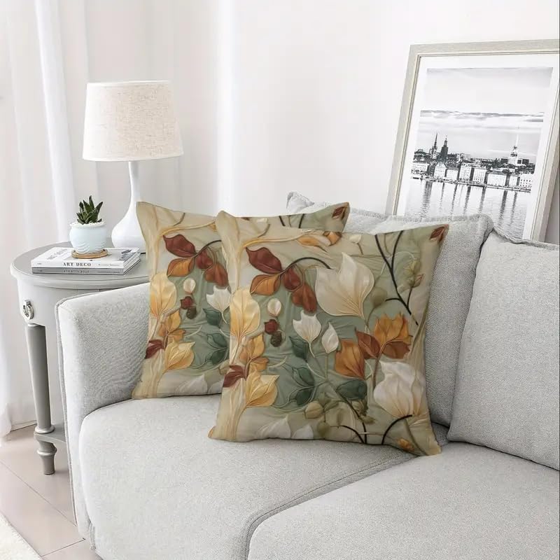 Decorative Throw Pillow Covers, Vintage Floral Pattern in Sage Green and Brown, 2 Pack Square Cushion Cases with Autumn Leaves Design，18x18 Pillows Linen Pillowcase