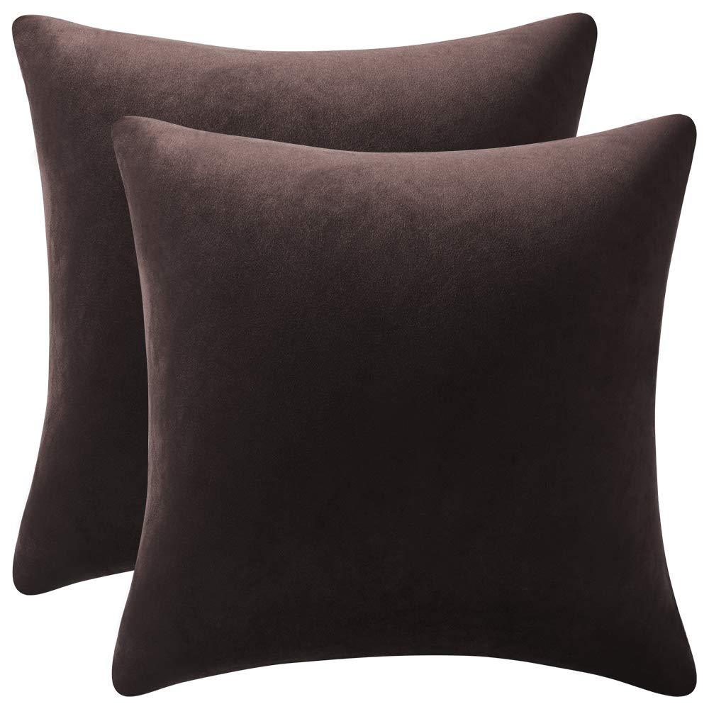 DEZENE Throw Pillow Covers 20x20 Chocolate Brown: Pack of 2 Cozy Soft Velvet Square Modern Luxury Decorative Throw Pillow Cases for Sofa Couch Living Room Bed Home Decor