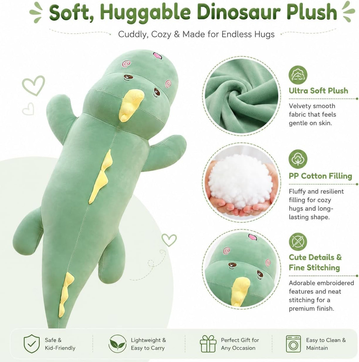 Tianmihou 32 Inch Giant Dinosaur Plush Body Pillow, Cute Long Dinosaur Stuffed Animal, Large Soft Big Dinosaur Plushies Toy, Gifts for Kids Boys Girls Teens Birthday