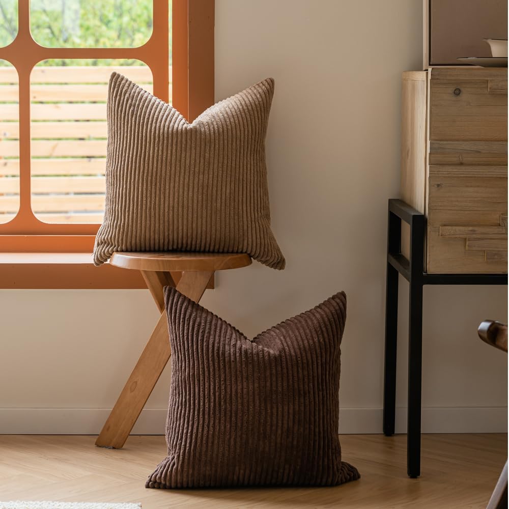 LANANAS Decorative Corduroy Throw Pillow Covers 18x18 Inch Neutral Brown