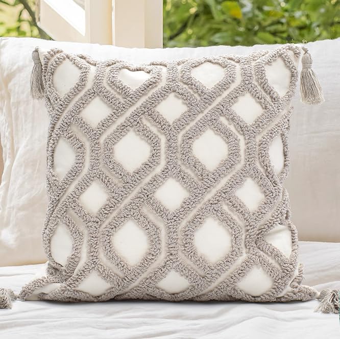 Boho Pillow Covers 18X18 Inch Boho Tufted Throw Pillow Covers Decorative Tassels Cushion Cover Farmhouse Pillow Case for Couch Sofa Bed Living Room Bedroom, Green