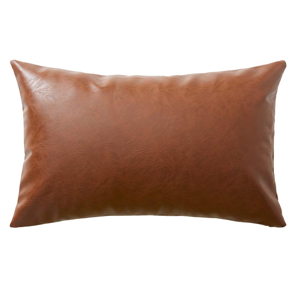 Fancy Homi Brown Boho Long Lumbar Faux Leather Body Decorative Throw Pillow Cover 14x36 Inch for Bedroom Couch Bed Sofa Bench, Hand Stitched Stylish Pillowcase, Rustic Modern Farmhouse Room Decor