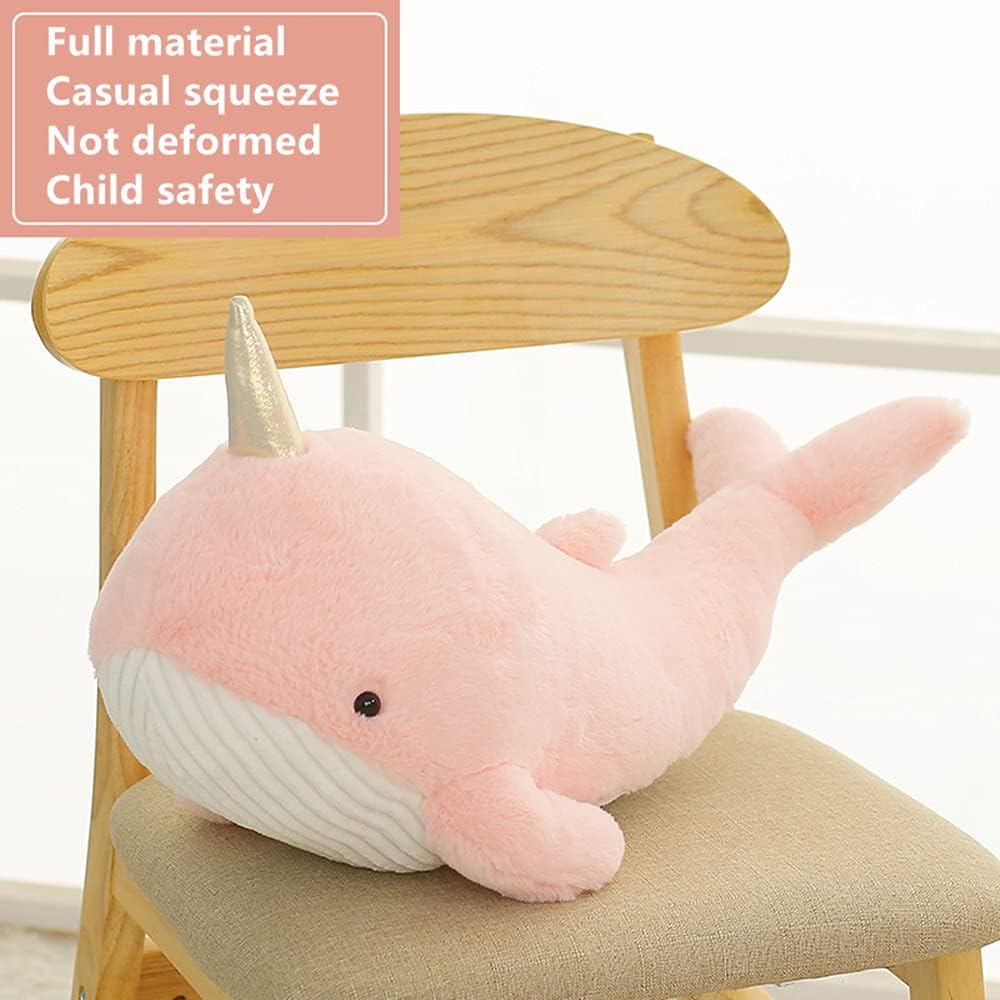 Tezituor 24 Inch Narwhal Stuffed Animal, Hugging Soft Ocean Narwhal Pillow Gift for Girls Kids, Cute Pink Large Stuffed Whale Plush Toy Christmas Deaor Gift