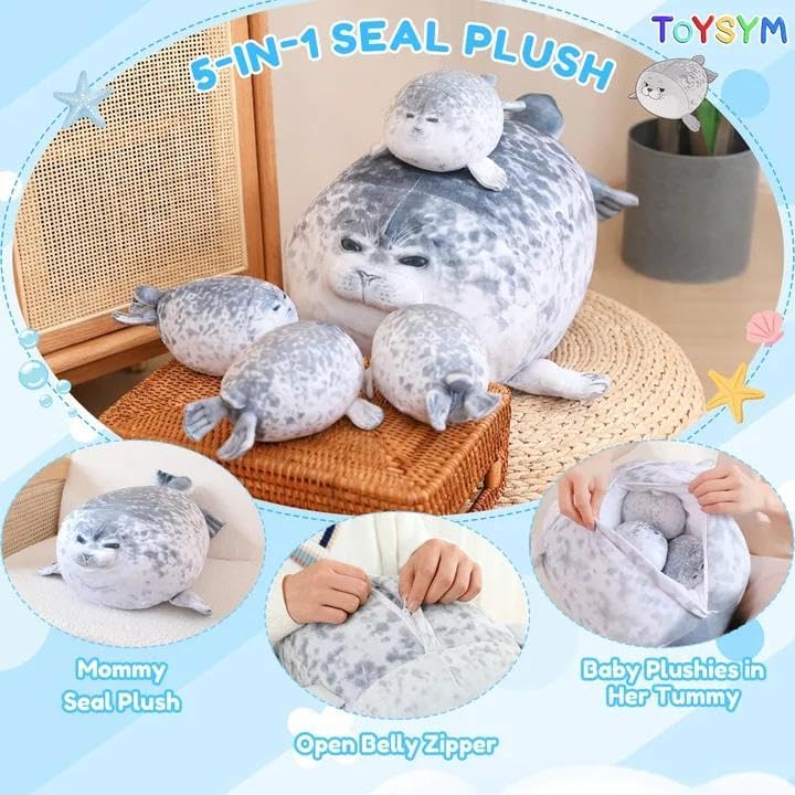 TOYSYM Chubby Blob Seal Pillow Cute Seal Plush with 4 Baby Plushies in Her Tummy, Soft Large Stuffed Animals Toy Gifts for Kids (20inch)