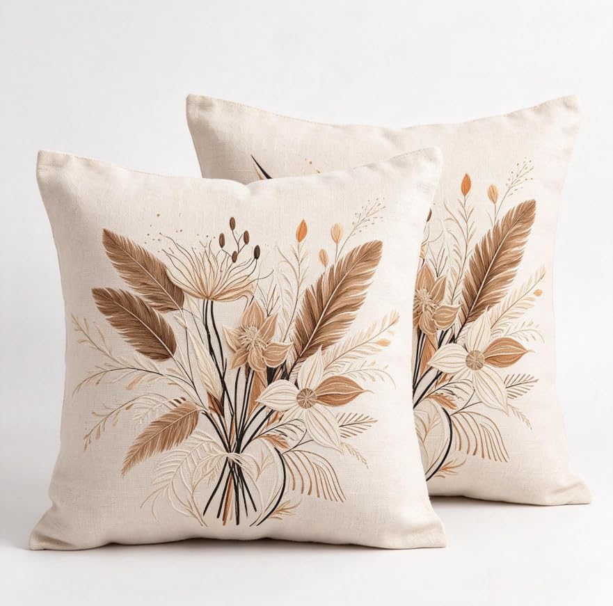 Decorative Throw Pillow Covers, Vintage Floral Pattern in Sage Green and Brown, 2 Pack Square Cushion Cases with Autumn Leaves Design，18x18 Pillows Linen Pillowcase