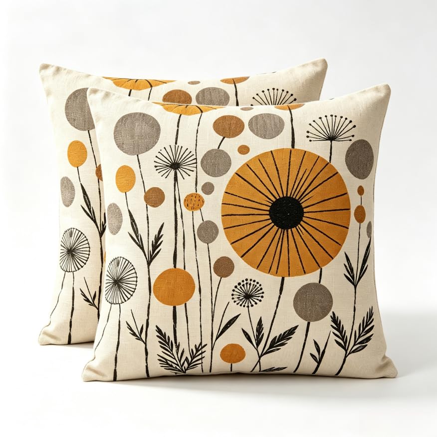 Decorative Throw Pillow Covers, Vintage Floral Pattern in Sage Green and Brown, 2 Pack Square Cushion Cases with Autumn Leaves Design，18x18 Pillows Linen Pillowcase