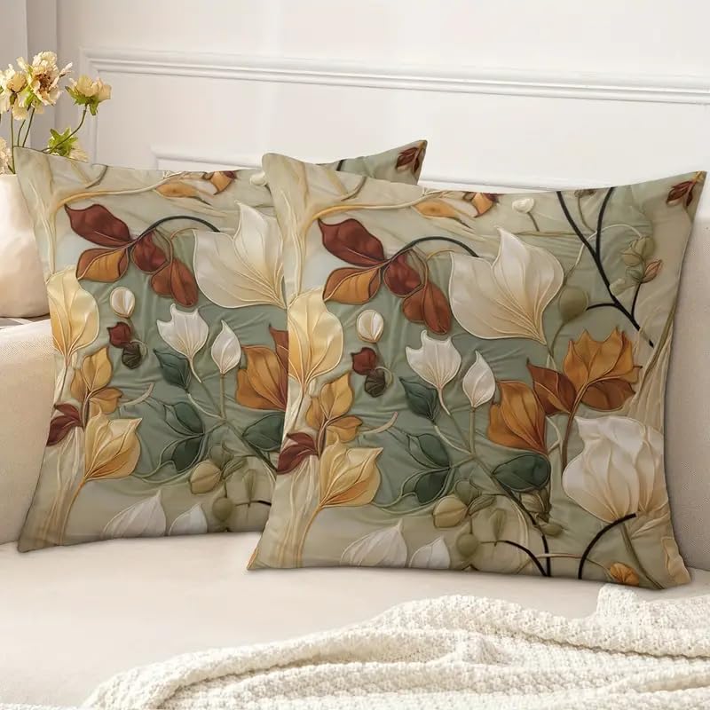 Decorative Throw Pillow Covers, Vintage Floral Pattern in Sage Green and Brown, 2 Pack Square Cushion Cases with Autumn Leaves Design，18x18 Pillows Linen Pillowcase