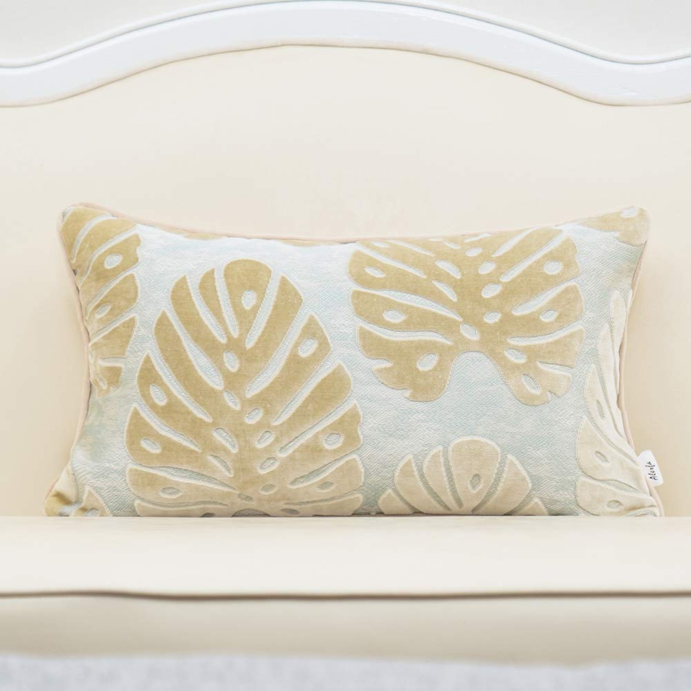Alerfa 12 x 20 Inch Light Blue Rectangle Maple Leaf Pillow Embroidery Cut Velvet Cushion Case Luxury Modern Lumbar Throw Pillow Cover Decorative Pillow for Couch Sofa Living Room Bedroom Car