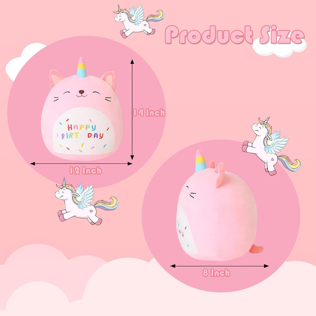 SQEQE Cat Plush Toy Unicorn Cat Stuffed Animal Cute Birthday Plushies Pillow Soft Plushie Doll Gifts for Kid Decor(Pink Caticorn, 14 Inch)