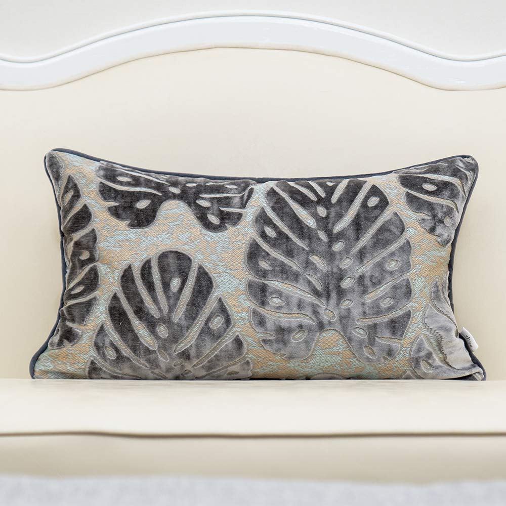 Alerfa 12 x 20 Inch Light Blue Rectangle Maple Leaf Pillow Embroidery Cut Velvet Cushion Case Luxury Modern Lumbar Throw Pillow Cover Decorative Pillow for Couch Sofa Living Room Bedroom Car