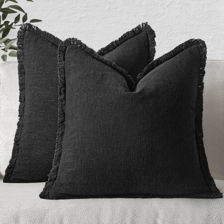 MIULEE Linen Fringe Decorative Throw Pillow Covers Natural Beige 20x20