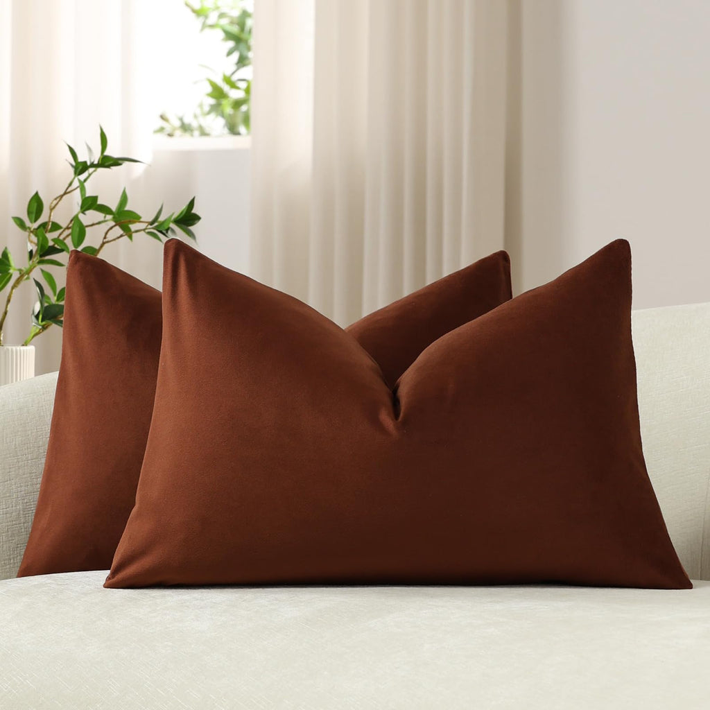 DEZENE Throw Pillow Covers 20x20 Chocolate Brown: Pack of 2 Cozy Soft Velvet Square Modern Luxury Decorative Throw Pillow Cases for Sofa Couch Living Room Bed Home Decor