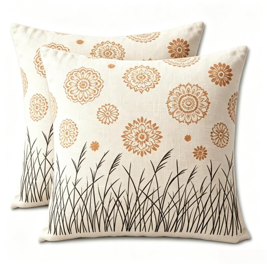 Decorative Throw Pillow Covers, Vintage Floral Pattern in Sage Green and Brown, 2 Pack Square Cushion Cases with Autumn Leaves Design，18x18 Pillows Linen Pillowcase