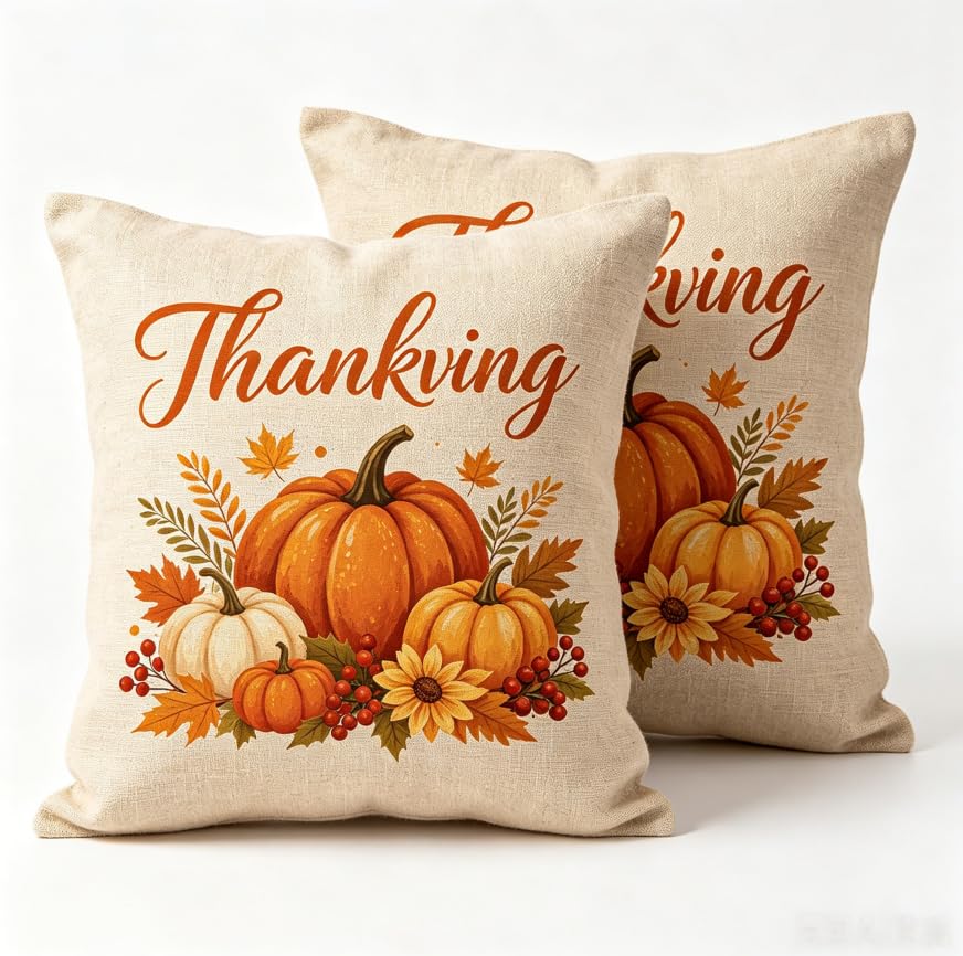 Decorative Throw Pillow Covers, Vintage Floral Pattern in Sage Green and Brown, 2 Pack Square Cushion Cases with Autumn Leaves Design，18x18 Pillows Linen Pillowcase