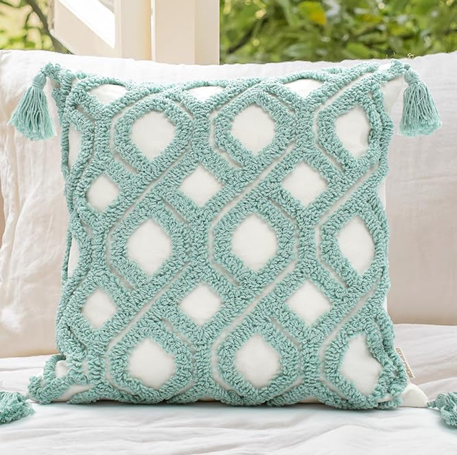 Boho Pillow Covers 18X18 Inch Boho Tufted Throw Pillow Covers Decorative Tassels Cushion Cover Farmhouse Pillow Case for Couch Sofa Bed Living Room Bedroom, Green