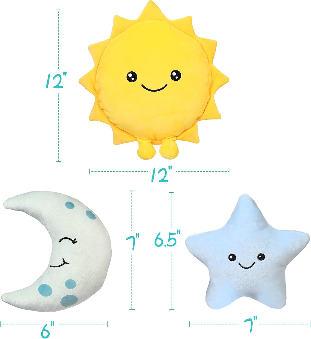 BenBen Sun Plush Toy 12 inch, Set of 3, 7 inch Stuffed Star and Moon, Cute Plushies Gift, Kids Bedroom Decorative Toy, Easter Basket Stuffers, Fun Plush Pillow for Home Décor