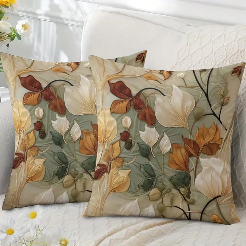 Decorative Throw Pillow Covers, Vintage Floral Pattern in Sage Green and Brown, 2 Pack Square Cushion Cases with Autumn Leaves Design，18x18 Pillows Linen Pillowcase