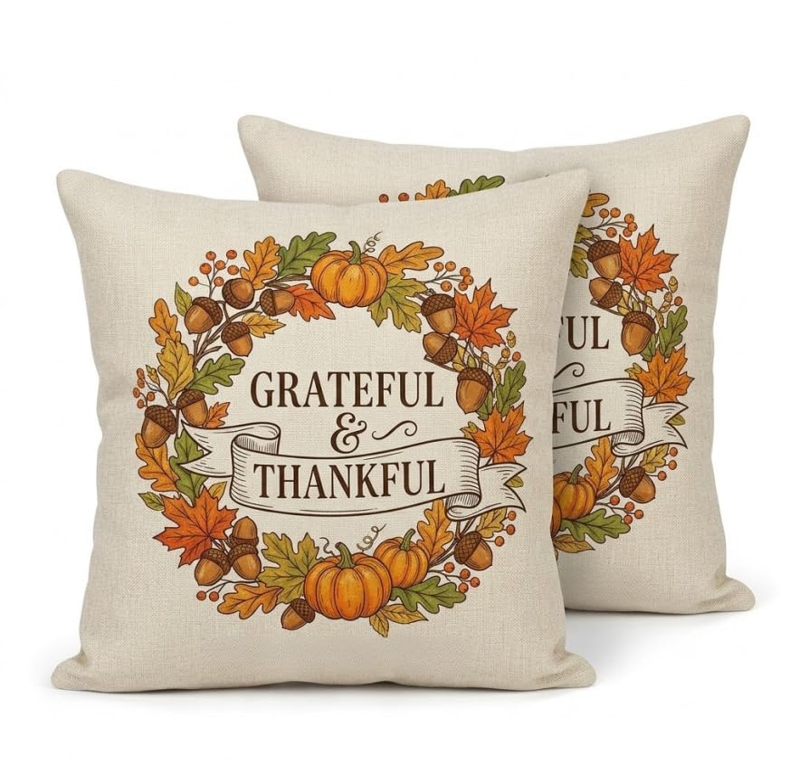 Decorative Throw Pillow Covers, Vintage Floral Pattern in Sage Green and Brown, 2 Pack Square Cushion Cases with Autumn Leaves Design，18x18 Pillows Linen Pillowcase