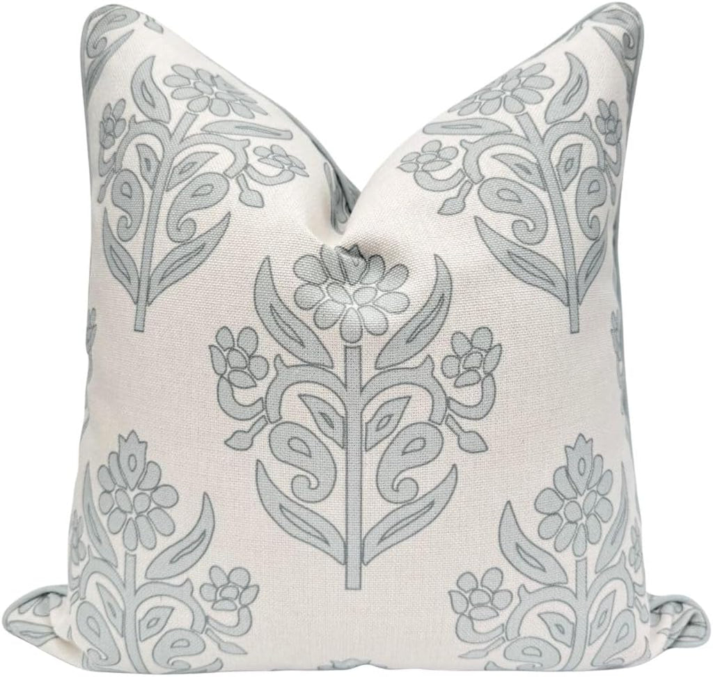 Jillien Harbor “The Naples” Floral Block Print Pillow Cover – Grey and White Blue Decorative Throw Pillow Cover – Grandmillennial Home Decor, 20" x 20"
