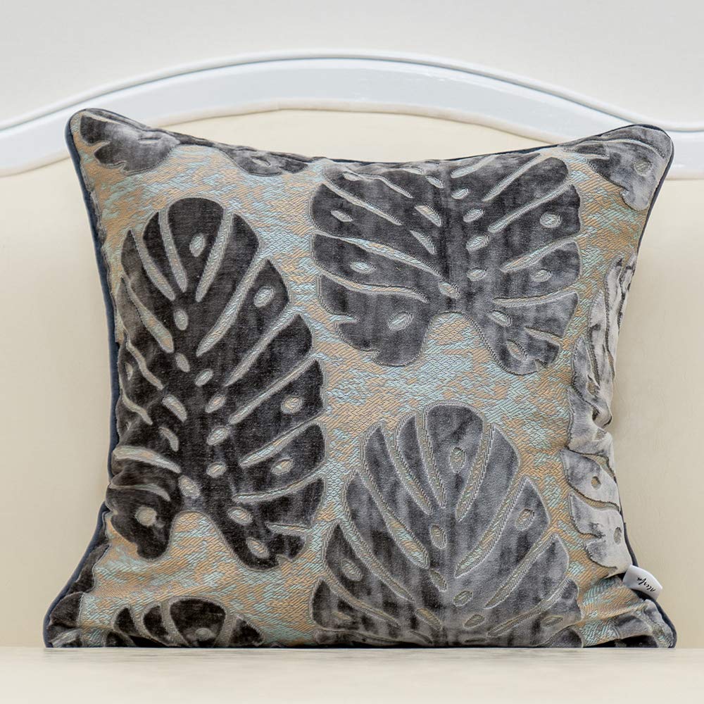 Alerfa 18 x 18 Inch Gray Silver Square Maple Leaf Pillow Embroidery Cut Velvet Cushion Case Luxury Modern Lumbar Throw Pillow Cover Decorative Pillow for Couch Sofa Living Room Bedroom Car