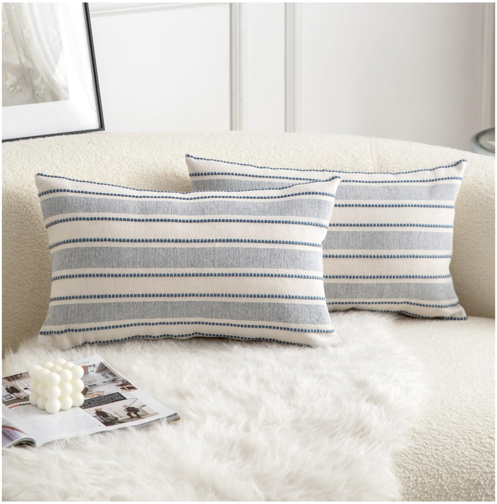 Cethom Decorative Boho Throw Pillow Covers, Farmhouse Textured Pillow Case, 20 x 20 Inch Set of 2, Chair Sofa Bedroom Living Room Home Decor Couch Cushion Case, Classic Blue and Beige Striped