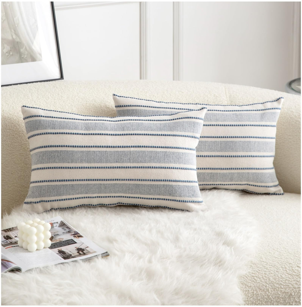 Cethom Decorative Boho Throw Pillow Covers, Farmhouse Textured Pillow Case, 20 x 20 Inch Set of 2, Chair Sofa Bedroom Living Room Home Decor Couch Cushion Case, Classic Blue and Beige Striped