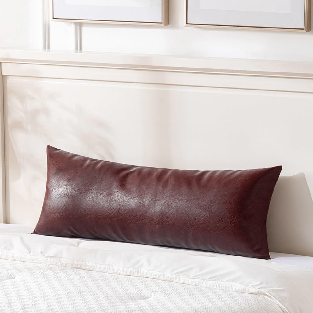 Fancy Homi Brown Boho Long Lumbar Faux Leather Body Decorative Throw Pillow Cover 14x36 Inch for Bedroom Couch Bed Sofa Bench, Hand Stitched Stylish Pillowcase, Rustic Modern Farmhouse Room Decor