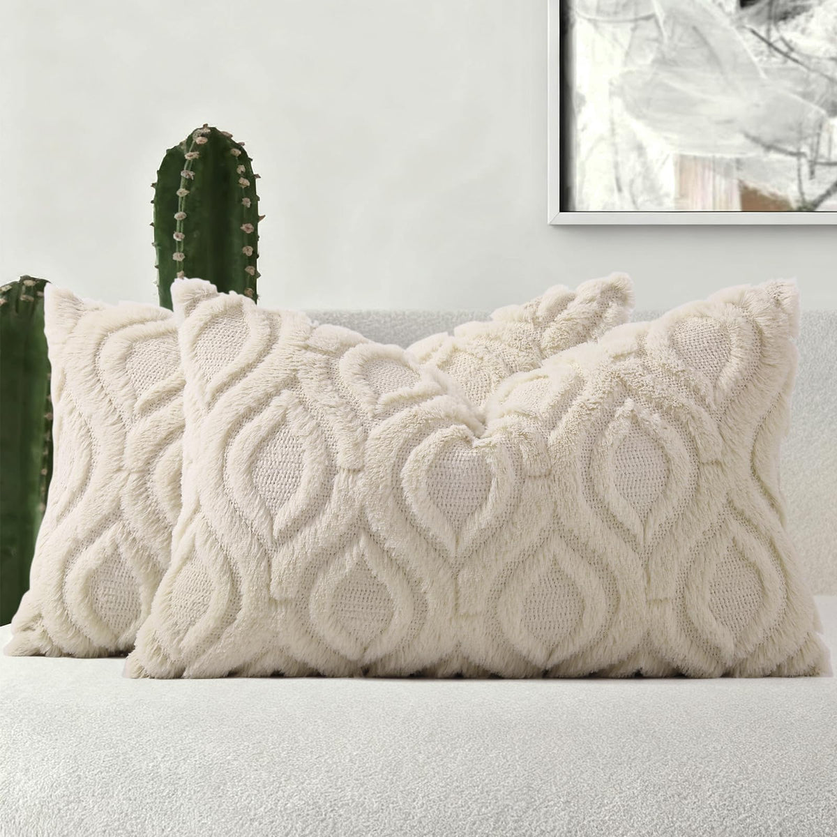 decorUhome Faux Fur Plush Soft Beige Throw Pillow Covers 18x18 Set of 2