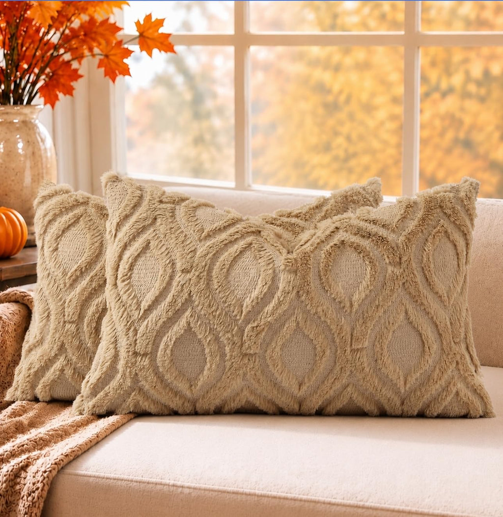 decorUhome Faux Fur Plush Soft Beige Throw Pillow Covers 18x18 Set of 2
