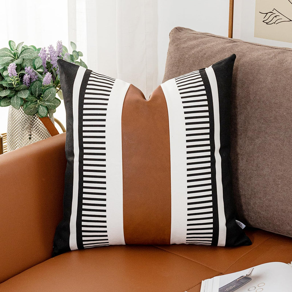 Decorative Striped Throw Pillow Cover 20x20 Inch Black White & Brown