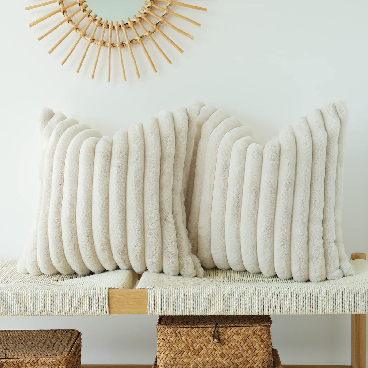 JOJUSIS Faux Fur Plush Throw Pillow Covers, Beige, 20 x 20-Inch