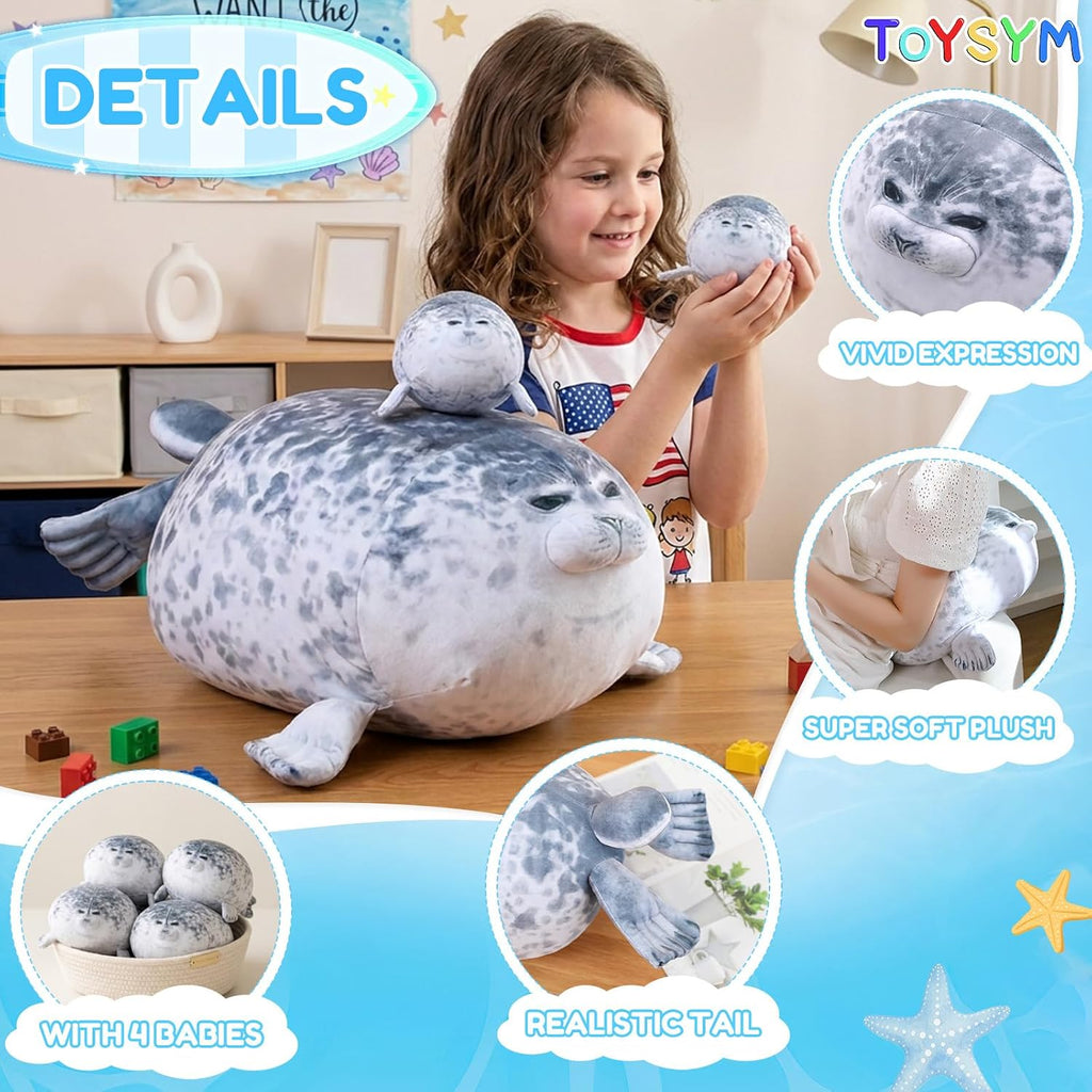 TOYSYM Chubby Blob Seal Pillow Cute Seal Plush with 4 Baby Plushies in Her Tummy, Soft Large Stuffed Animals Toy Gifts for Kids (20inch)