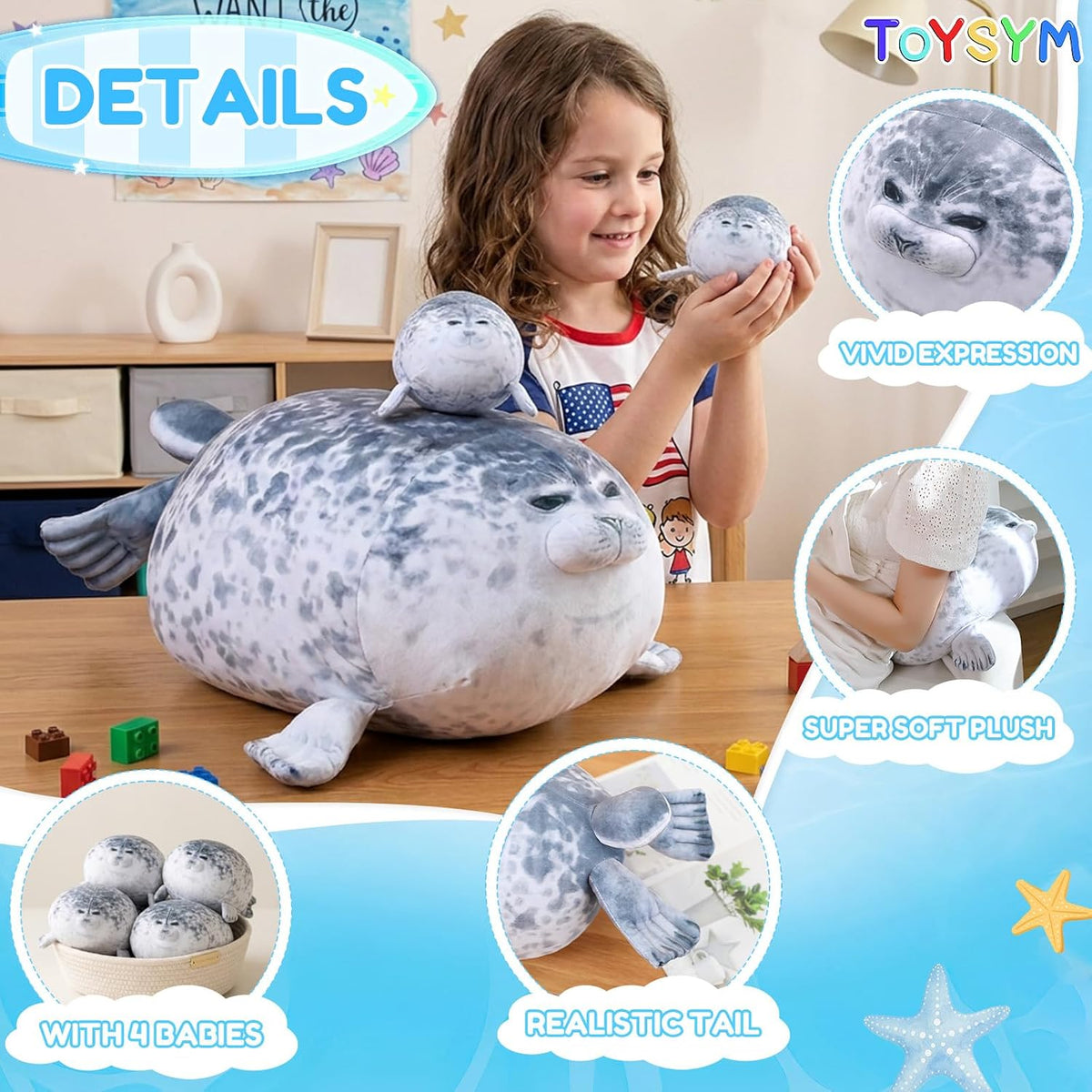 TOYSYM Chubby Blob Seal Pillow Cute Seal Plush with 4 Baby Plushies in Her Tummy, Soft Large Stuffed Animals Toy Gifts for Kids (20inch)