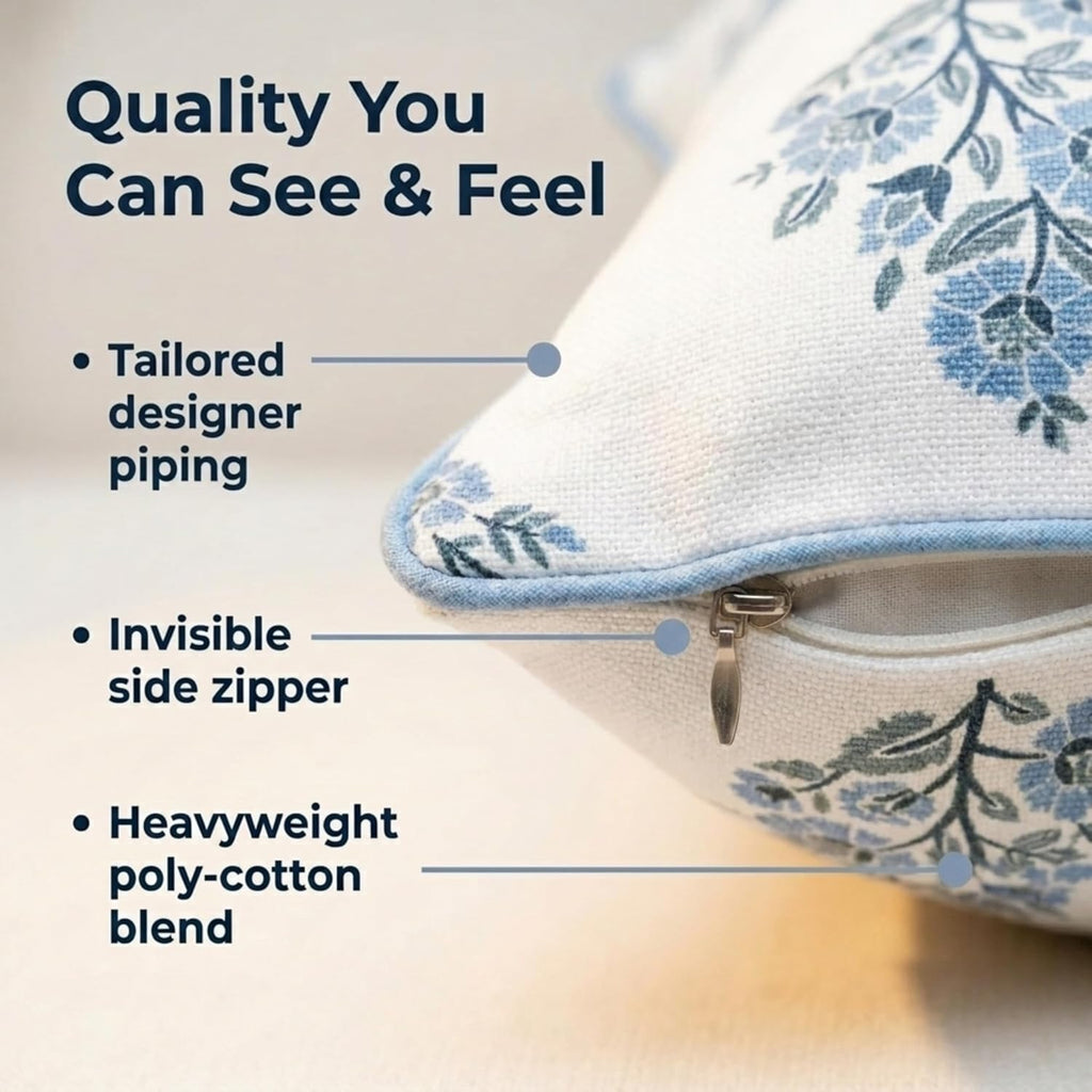 Jillien Harbor “The Camille” Floral Block Print Pillow Cover – Soft Blue and White Decorative Throw Pillow Cover – Grandmillennial Home Decor, 20" x 20"