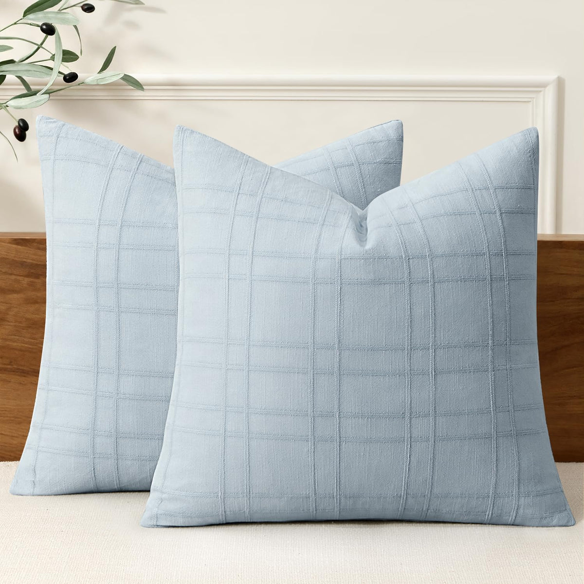 MIULEE Linen Plaid Pillow Covers Decorative 20x20 Natural Beige