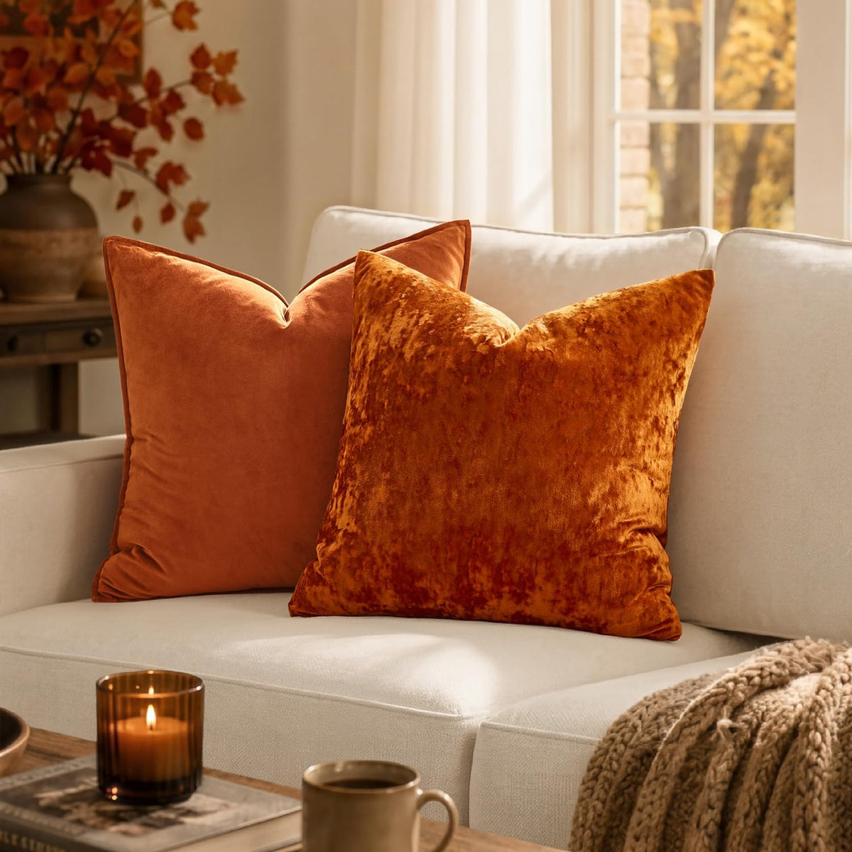MIULEE Fall Velvet Throw Pillow Covers Burnt Orange 18x18 inch Set of 2